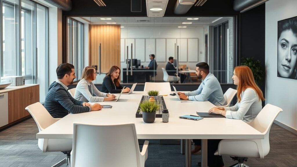 A modern office with employees collaborating around a conference table