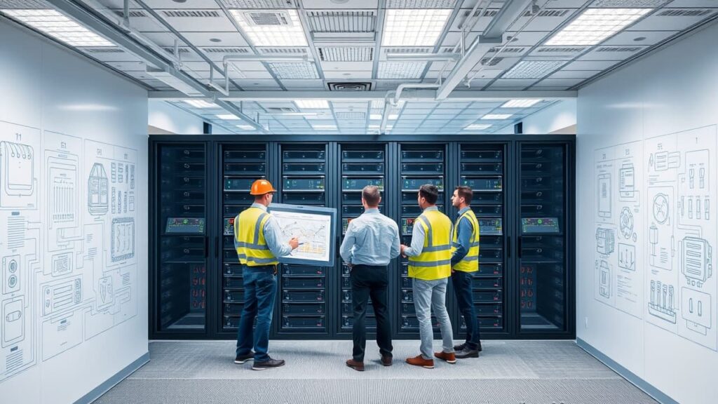 A team reviews a blueprint of a secure data center filled with servers.